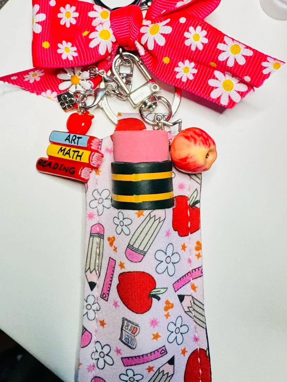 Kids Pink Daisy Back to School Charm Lanyard with Pencil & Apple Charms